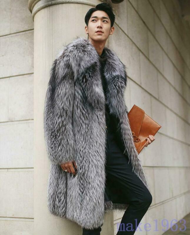 New Men Warm Fox Fur Coat Long Jacket Faux Fur Collar Outwear