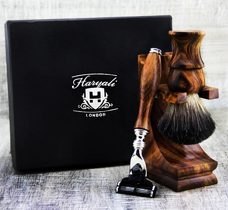 HARYALI LONDON Vintage Badger Hair Shaving Brush and 3 Edge Safety Razor Wood Men's Shaving Set