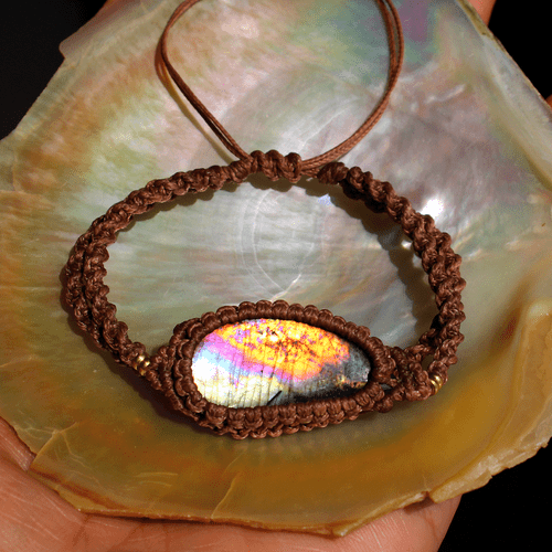 Hand Crafted Natural Spectrolite Gemstone Rainbow Flash Micro Macrame Bracelet - Picture 5 of 10