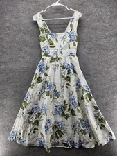 Reformation Dress Womens 2 White Blue Floral Linen Square Neck Fit Flare Summer