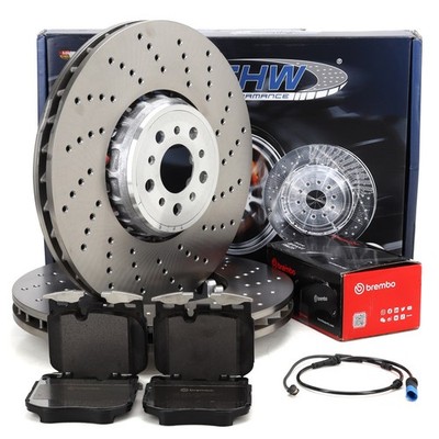 SHW Bremsscheiben + BREMBO Bremsbeläge + Sensor für BMW X3M F97 X4M F98 vorne