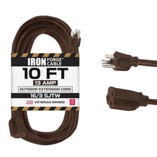 10 Ft Outdoor Brown Extension Cord, 16/3 Heavy Duty Cable with 3 Prong