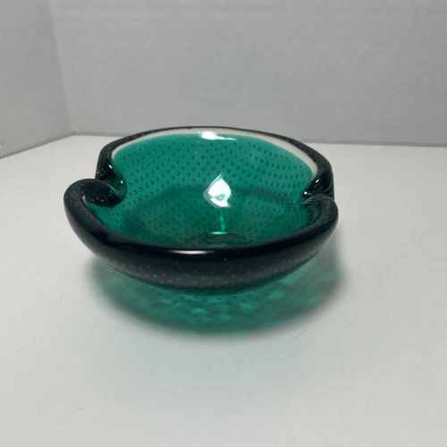 VTG MURANO GREEN GLASS BOWL Catchall Ashtray BULLICANTE CONTROLLED BUBBLES.