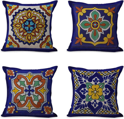 Set of 4 Linen Throw Pillow Covers Spanish Talavera Exotic Geometry Dark Retro E