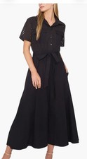 HALOGEN Eyelet Embroidery Cotton Midi Black Belted Shirtdress Sz Small