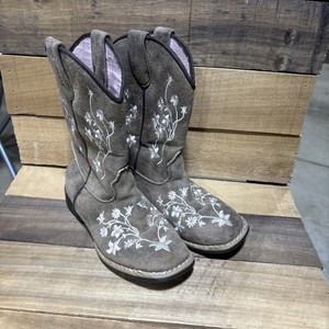 TWISTER GIRLS LILY BROWN & WHITE FLORAL EMBROIDERY SQUARE TOE COWBOY BOOTS SZ 12