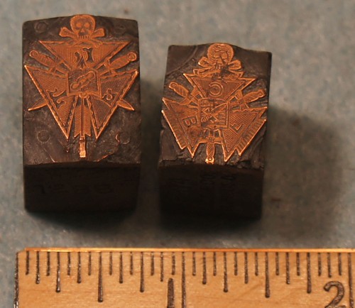 2 Antique ODD FELLOWS Printing Blocks SKULL SWORD FLT * MC Lilley 5P158