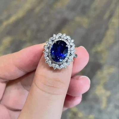 Bague diamant saphir bleu naturel taille ovale 6,10 ct or blanc massif 14 car... - Photo 1/4