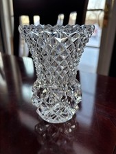 VINTAGE CLEAR PRESSED GLASS VASE WITH LARGE  SMALL PRESSED DIAMOND PATTERN 5"