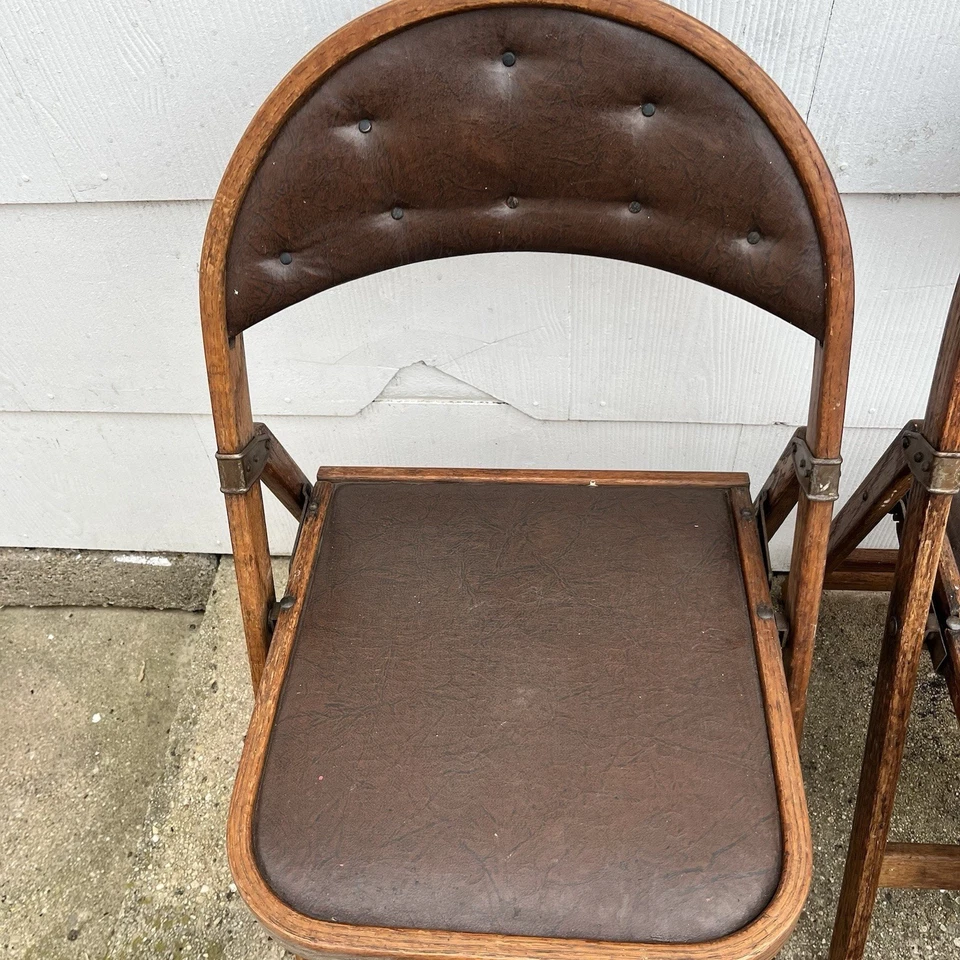 4 Antique Bentwood Wood Folding Chair Brown Vinyl Padded Seat Art Deco 1930s - Image 3 of 4