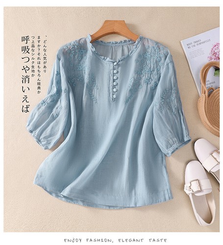 Cotton Linen Loose Embroidery Flower V-neck Shirt Top Women Retro Blouses Ethnic - Picture 15 of 27