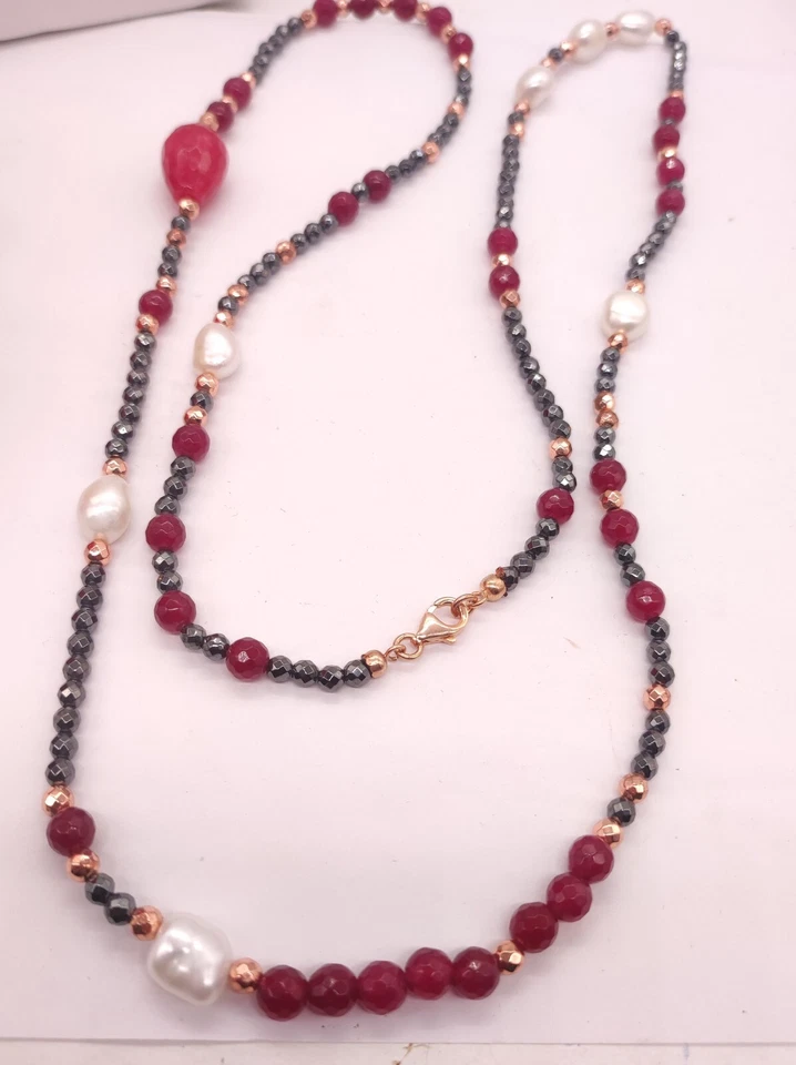 Collana Donna Lunga Perle pietre dure naturali e Argento 925 Rosé. Collana Lunga - Immagine 4 di 4