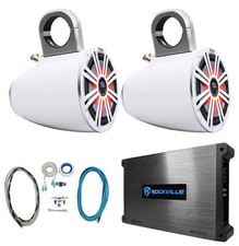 2 KICKER 8" White Marine Boat KMTES8 Wakeboard Tower Speakers w/ LED's Amplifier