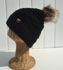 Winter Thick Warm Lined Knit With Faux Fur Pom Stretchy Beanie Ski Hat Black H