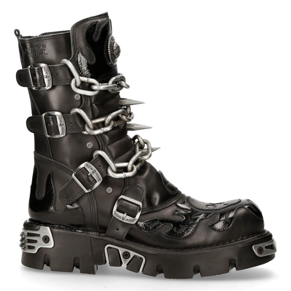 NEW ROCK Herren Stiefel Schwarz Schadelkopf Flamme Muster Leder