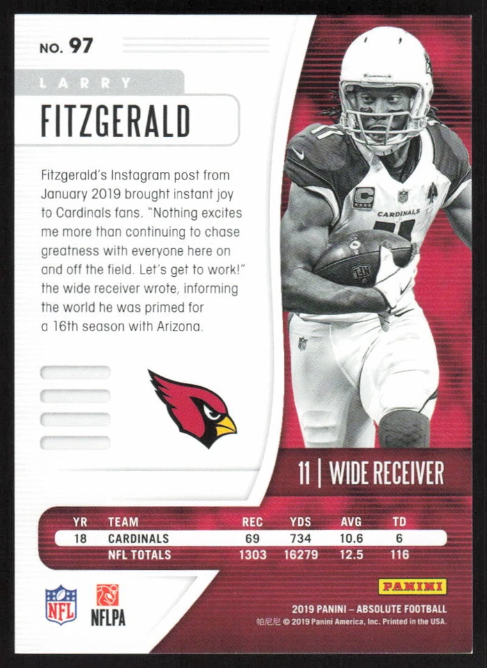 2019 Panini Absolute Spectrum Blue #97 Larry Fitzgerald /50 Arizona Cardinals - Image 2 of 2