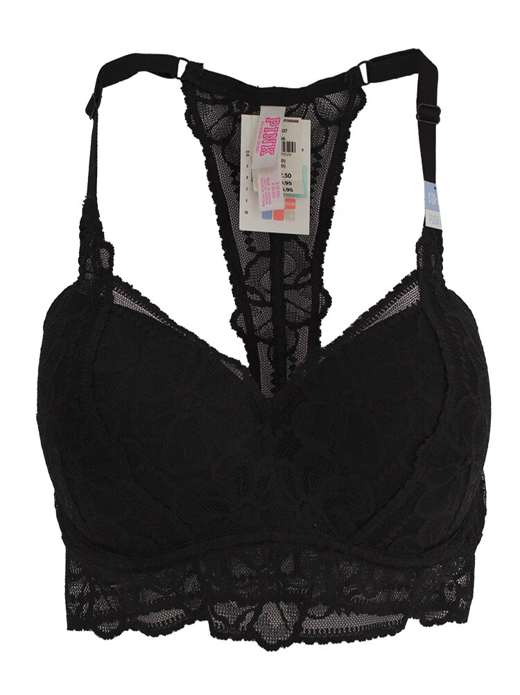 Victoria's Secret Pink Tropical Lace Push-Up T-back Bralette, Black, S  (D-DD)