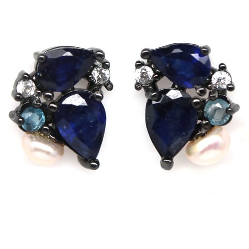 925 Sterling Silver Blue Sapphire, Pearl & Cubic Zirconia Earrings