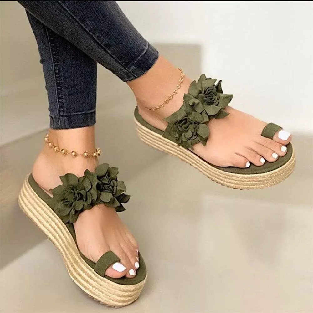Women Flower Platform Sandals Slippers Wedge Heels Flip Flop Summer Beach Shoes