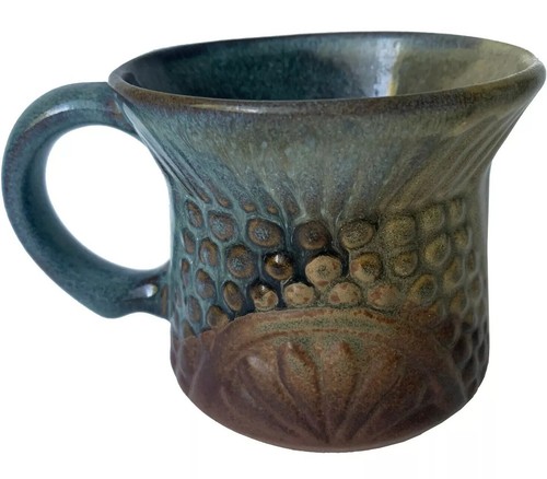 Artisan Pottery Coffee Mug Wide Rim Handmade Stoneware Raised Pattern Brown Blue - Picture 2 of 10