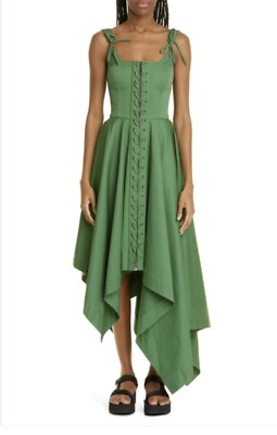 MONSE Laced Front Asymmetric Stretch Cotton Midi Dress Green Sz 6 US Org $1,290
