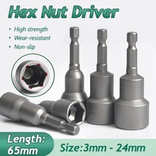 Magnetic Hex Nut Driver Long 65mm Socket Set Impact Drill Bit 1/4" 3mm - 24mm