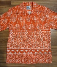Vintage 60s MALIA Hawaiian Tiki Abstract Tribal Orange Men's Aloha Shirt M NOS
