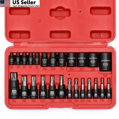 MIXPOWER 25 Piece Torx Bit and Socket Set, 13 Star Bits T8-T60,E4-E22(25PCS) 