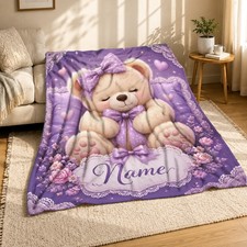 Sleeping Teddy Bear with Purple Bow Coral Fleece Blanket