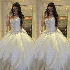 Luxury Satin Wedding Dresses Sweetheart Beaded Sweep Train Ruching Bridal Gowns