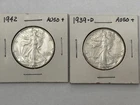 @LQQK@    1- 1942-p  &  1- 1939-d  WALKING  LIBERTY HALf Dollar 90 % Silver  AU+