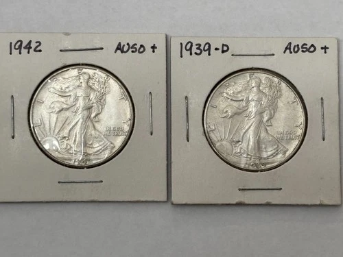 @LQQK@    1- 1942-p  &  1- 1939-d  WALKING  LIBERTY HALf Dollar 90 % Silver  AU+