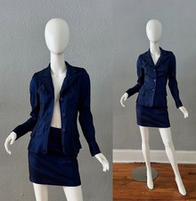 Vintage 90s Blue Metallic TAFFETA 2 Pc Y2K Blazer Mini Skirt Suit Set XS