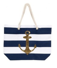 Blue and White Stripe Canvas Tote Bag with Gold Anchor and Rope Handles