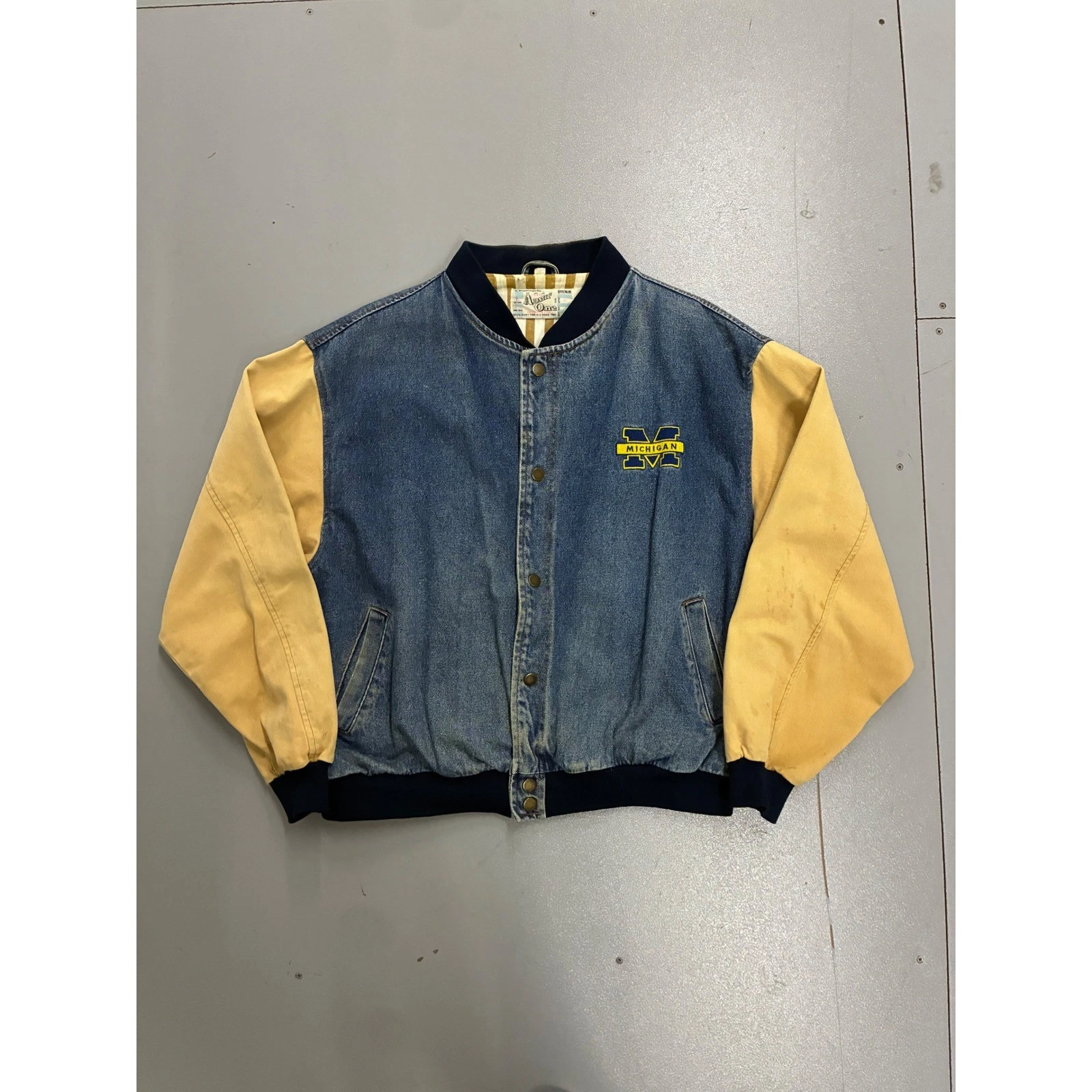 Vintage Team Admit One Michigan Wolverines Denim Varsity Jacket Blue Yellow XL image 1