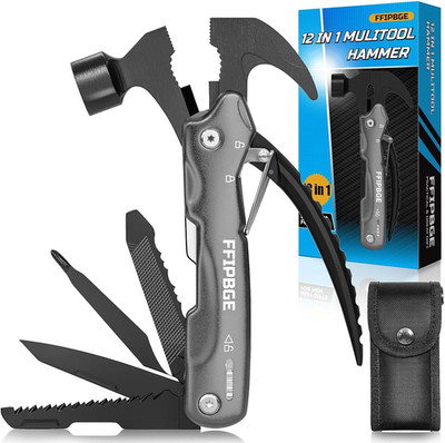 12 in 1 Hammer Multitool, Caming Mulititool with Screwdriver, Safety Lock and Du