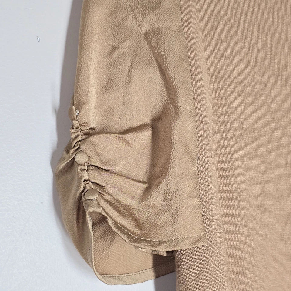 Top tejido camel Adrianna Papell M mangas satinadas abullonadas cuello redondo nuevo con etiquetas Foto 3 de 4