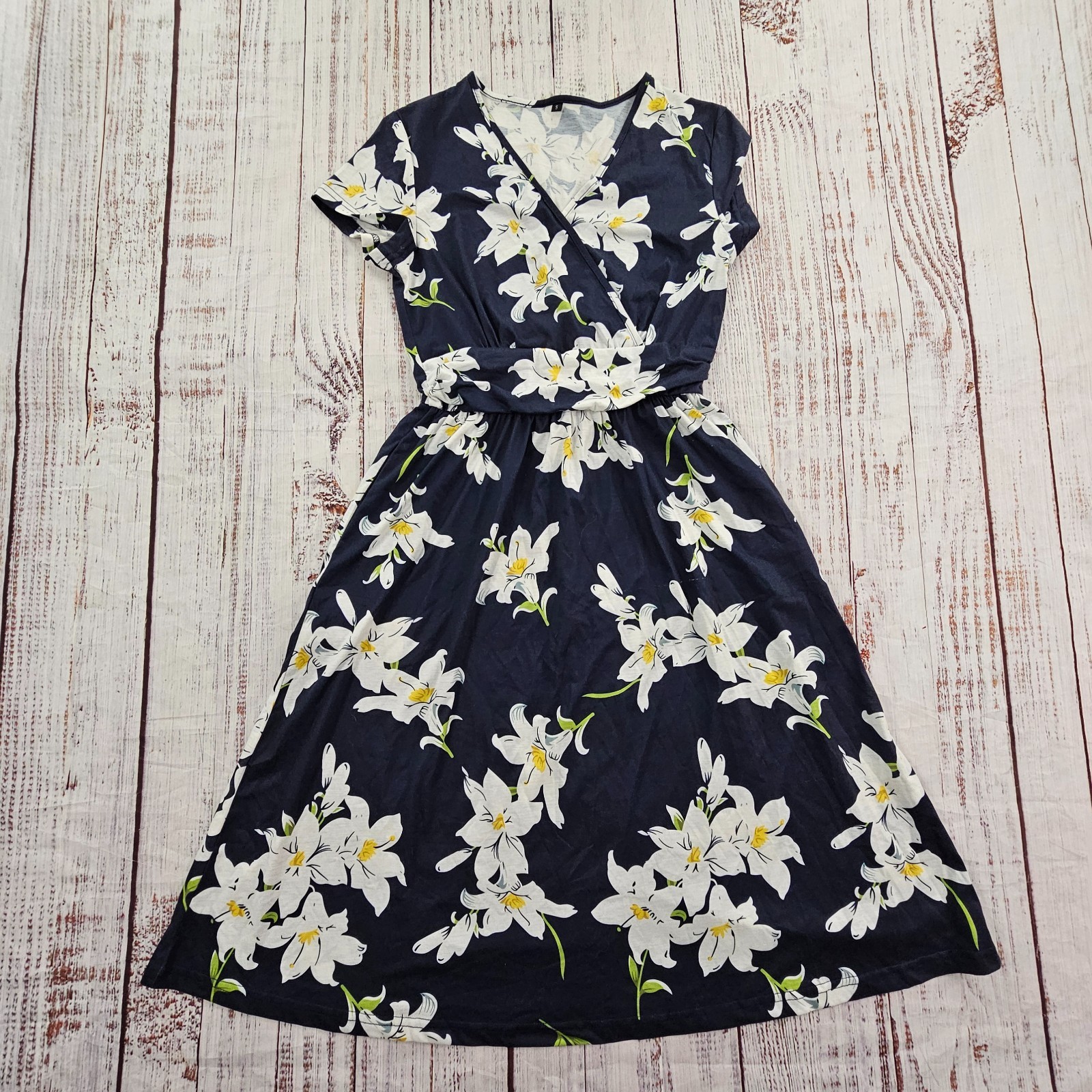 OUGES Navy Blue Summer Short Sleeve V-Neck Floral… - image 1