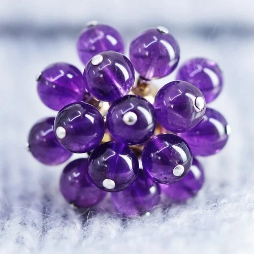 Size 8, vintage Sterling 925 silver handmade ring with cluster amethyst