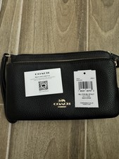 Coach Black Pebble Leather Double Wristlet With Gold Logo NEW FREE SHIPPING