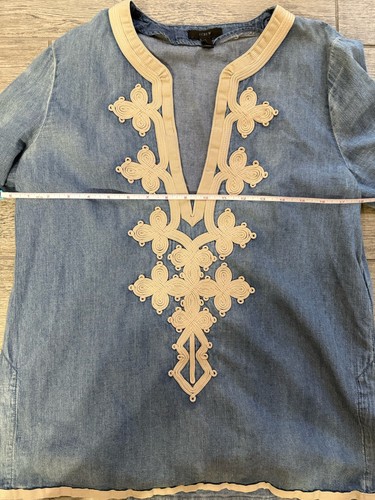 J Crew Top Denim Deep V Tunic Shirt Top Embroidered Women's Size S blue Linen - Picture 6 of 8