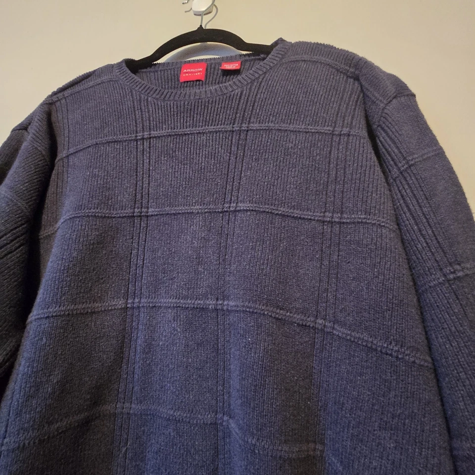 Vintage 90s Arrow Crew Neck Sweater Mens LG Tall Navy Grandpa Dad 3D Windowpane - Image 2 of 4
