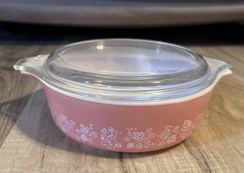 Rare 1950s PYREX 1pt #471 Casserole + 470-c Lid (Set) Pink Gooseberry Bowl