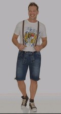 Nwt German Trachten Modern Denim Lederhosen 34" Waist w/Suspenders Oktoberfest