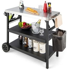 Folding BBQ Serving Trolley 3 Tier Movable Pizza Oven Table W/ Adjustable Shelf