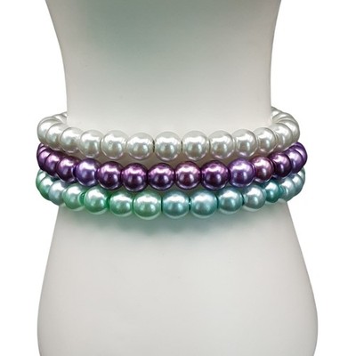 NWOT 3 Pack Bracelet Set Teal Purple Gray Acrylic Pearl Stretch Handmade Beaded