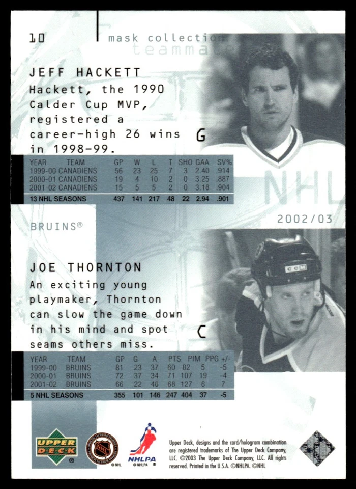 2002-03 Upper Deck Mask Collection Joe Thornton/Jeff Hackett Boston Bruins #10 - Image 2 of 2