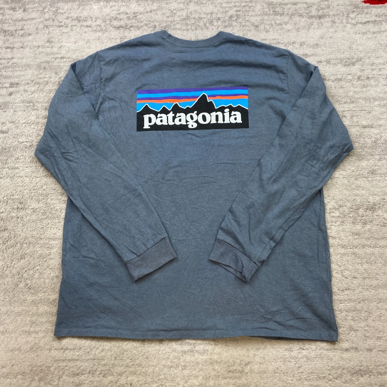 Patagonia Shirt Extra Large Blue Long Sleeve Hike Trail Climb Spellout Mountain