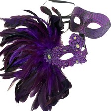 Masquerade Mask Purple Brocade Lace Feather Burlesque Mardi Gras Prom Dance