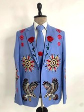 Men Blue 2Pc Mexican Eagle Rose Embroidered Western cowboy Cocktail Prom Outfit